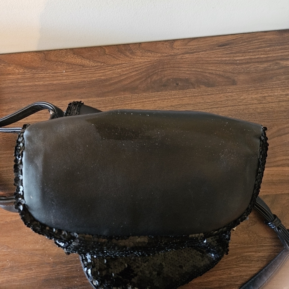 Black Sequined Faux Leather Small Backpack Adjustable Strap Silvertone Hardware - Picture 4 of 16